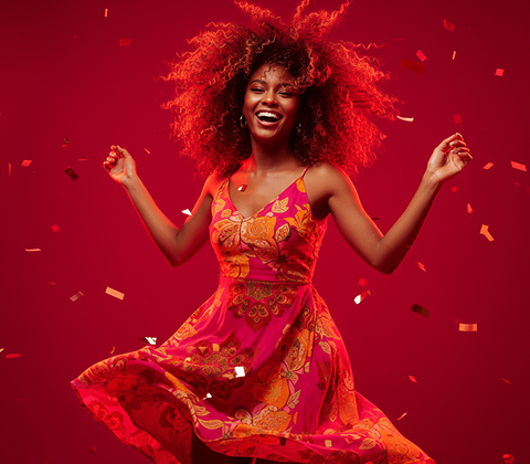 Mujer bailando con vestido rojo entre confeti dorado